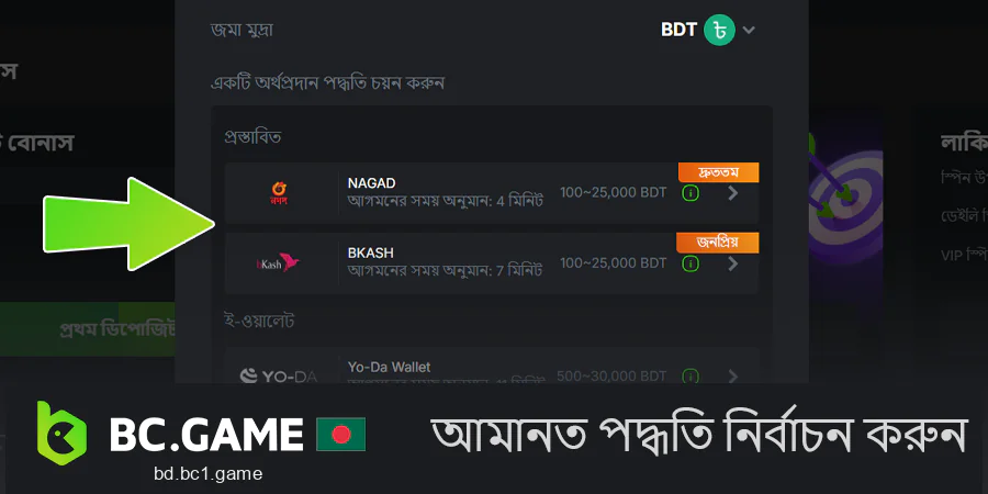 BC.Game-এ একটি উপলব্ধ জমা পদ্ধতি নির্বাচন করুন